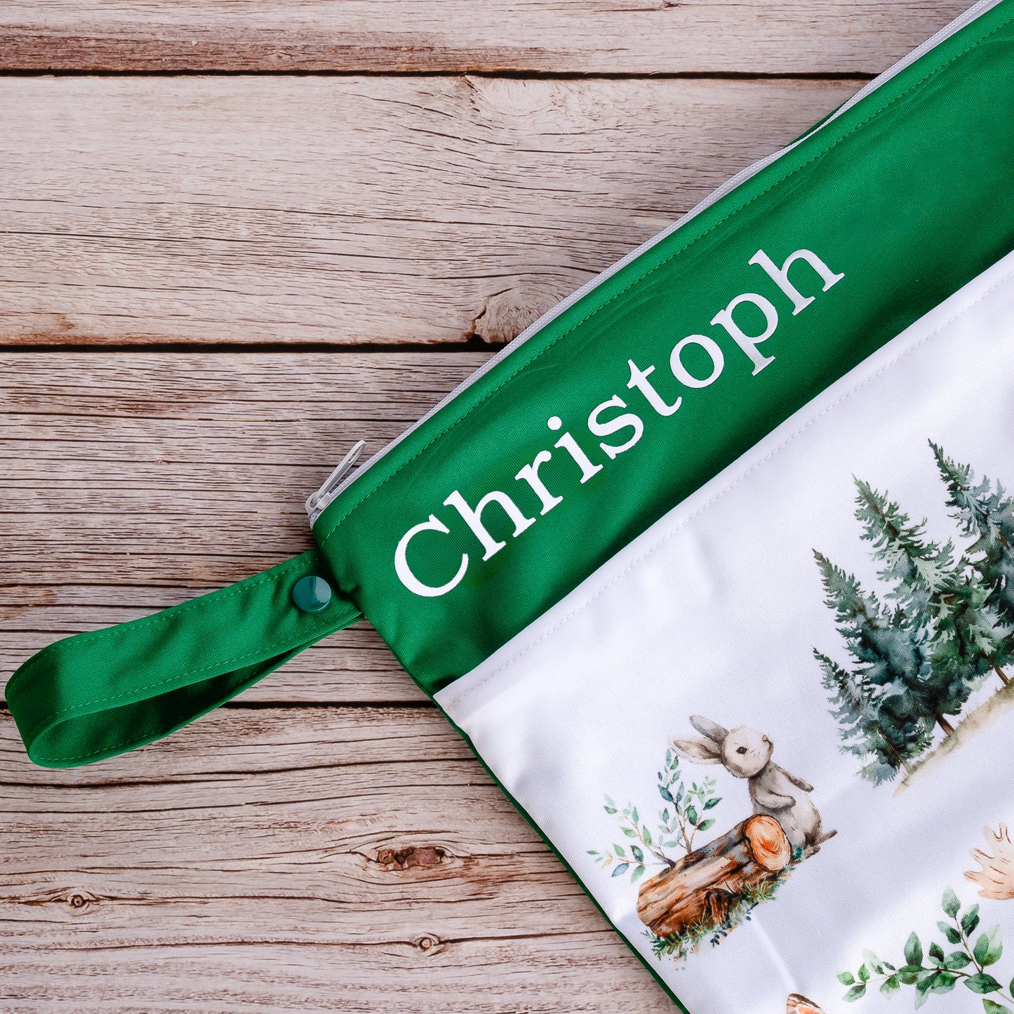 Personalisierte Wetbag Maxi mit Namen individuelles Baby Geschenk mit Waldtiere Motiv wasserdicht und wiederverwendbar