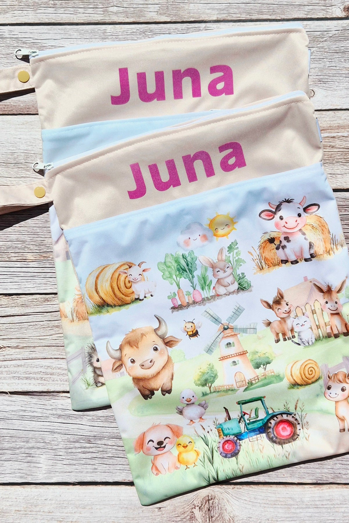 Wetbag Maxi 2er Set "Abenteuer auf dem Bauernhof"-personalisierbare Nasstaschen für Kita & Kindergarten und Reisen