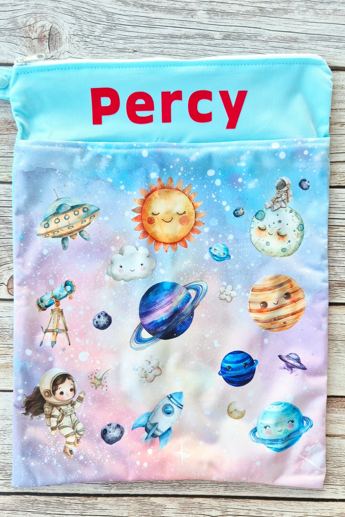 Wetbag "magische Planeten"– personalisierbare Nasstasche für Kita & Kindergarten und Reisen