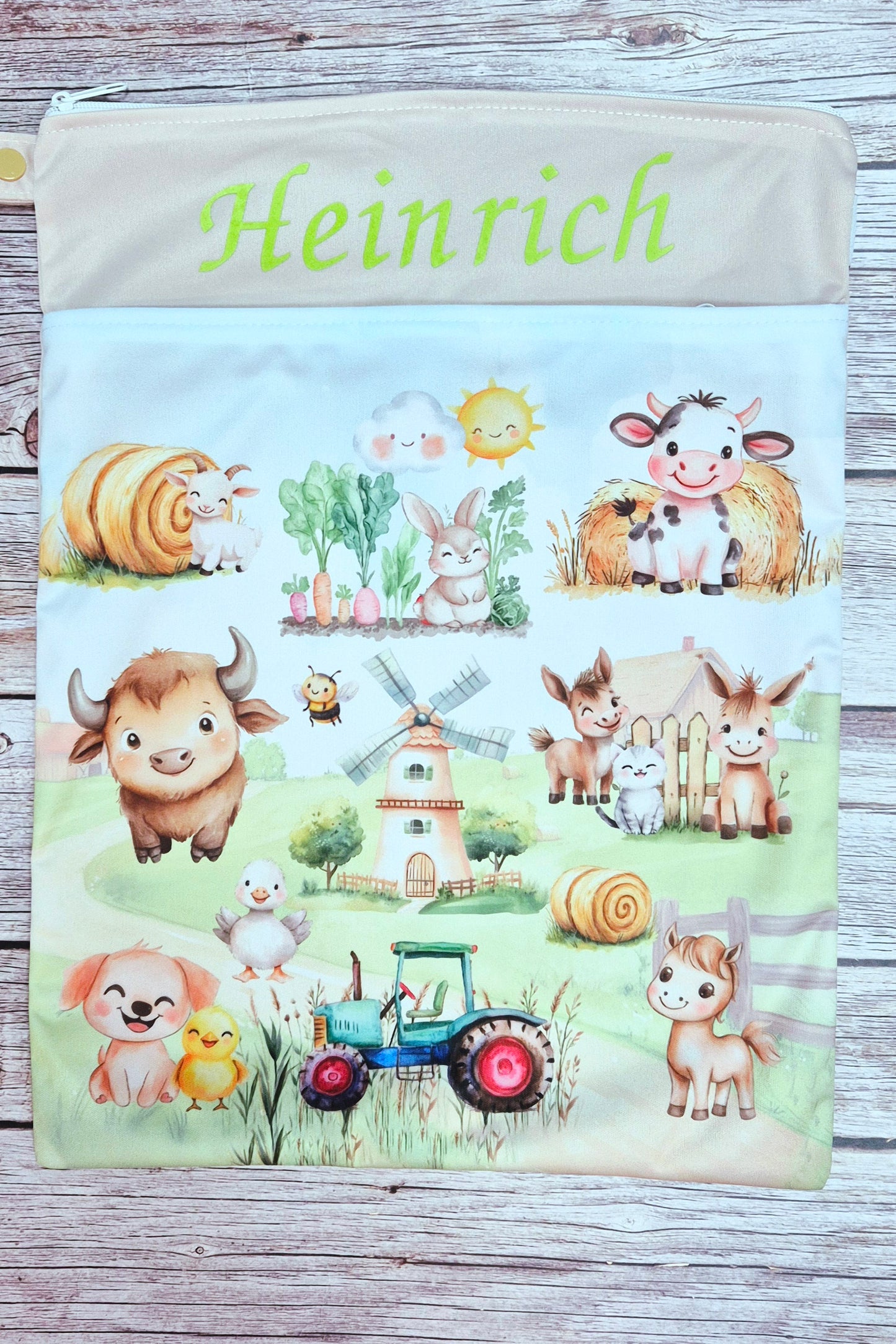 Wetbag Maxi "Abenteuer auf dem Bauernhof" – personalisierbare Nasstasche für Kita & Kindergarten Reisen