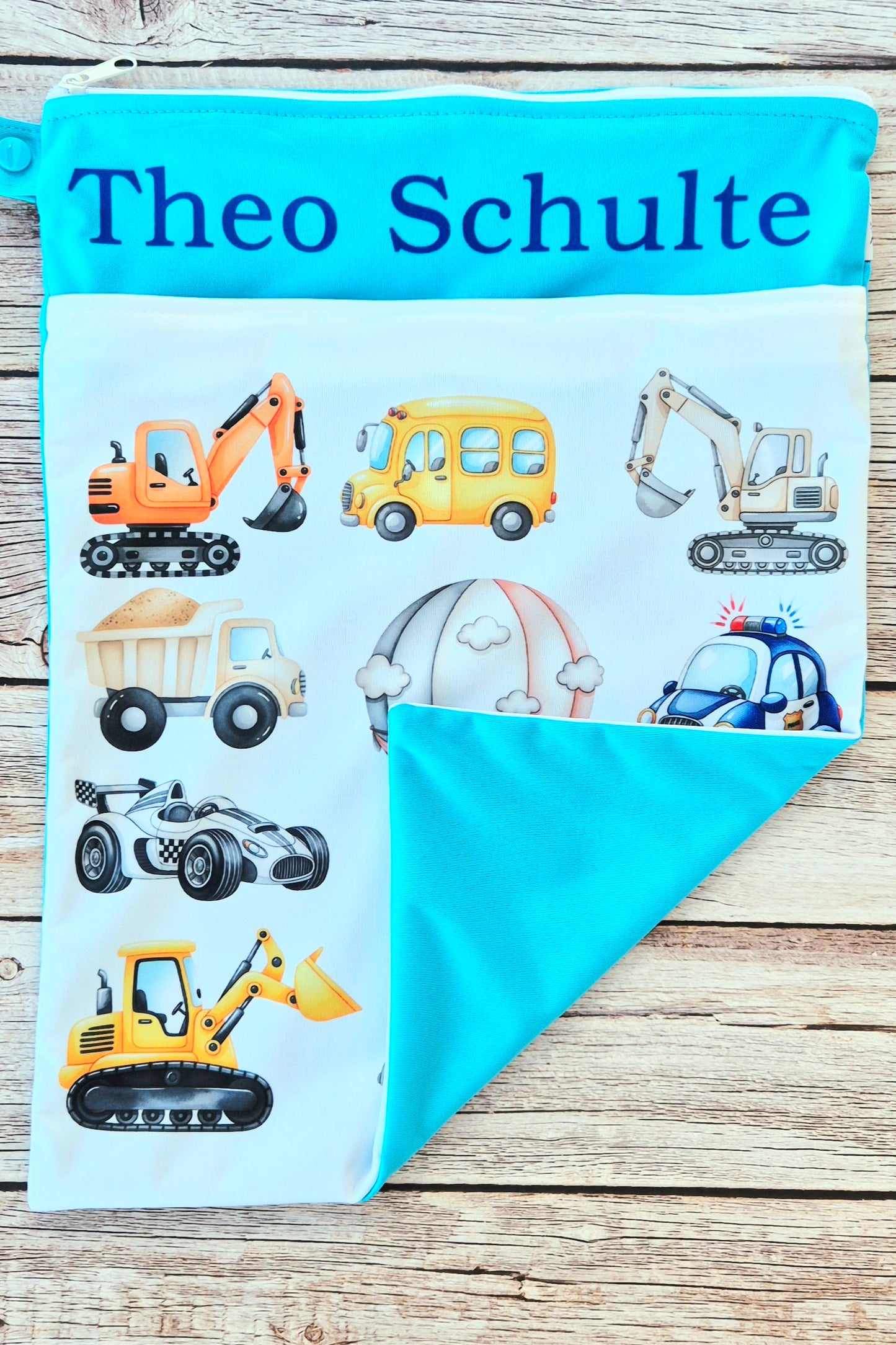Wetbag Maxi "Abenteuer auf Rädern"– personalisierbare Nasstasche für Kita & Kindergarten und Reisen