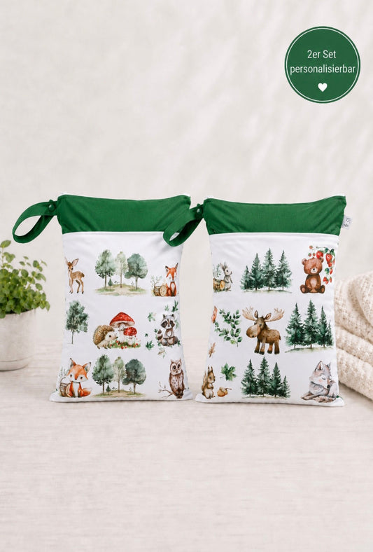 Wetbag Maxi 2er Set "Teddy im Wald"-personalisierbare Nasstaschen für Kita & Kindergarten und Reisen