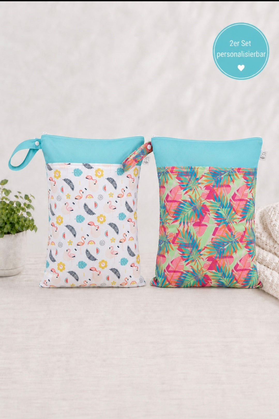 Wetbag Maxi 2er Set "Flamingo"– personalisierbare Nasstaschen für Kita & Kindergarten und Reisen