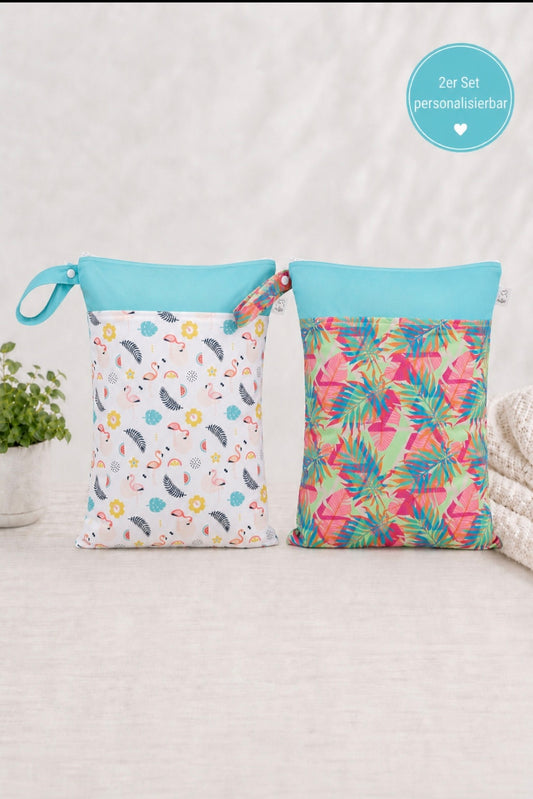 Wetbag Maxi 2er Set "Flamingo"– personalisierbare Nasstaschen für Kita & Kindergarten und Reisen