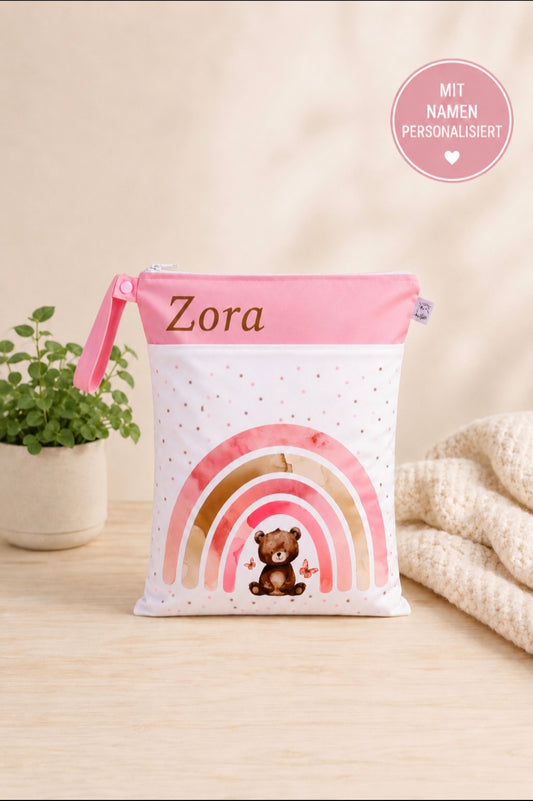 Wetbag "Teddy Rosa"– personalisierbare Nasstasche für Kita & Kindergarten und Reisen