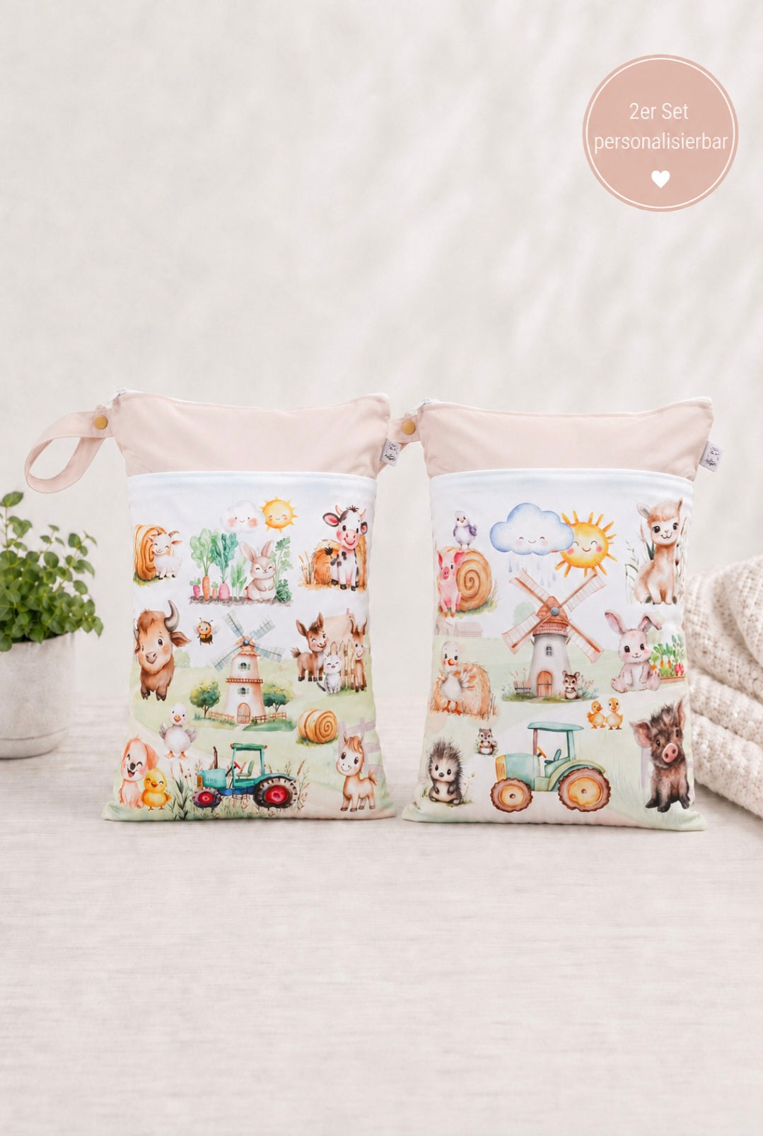 Wetbag Maxi 2er Set "Abenteuer auf dem Bauernhof"-personalisierbare Nasstaschen für Kita & Kindergarten und Reisen