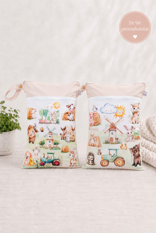 Wetbag Maxi 2er Set "Abenteuer auf dem Bauernhof"-personalisierbare Nasstaschen für Kita & Kindergarten und Reisen