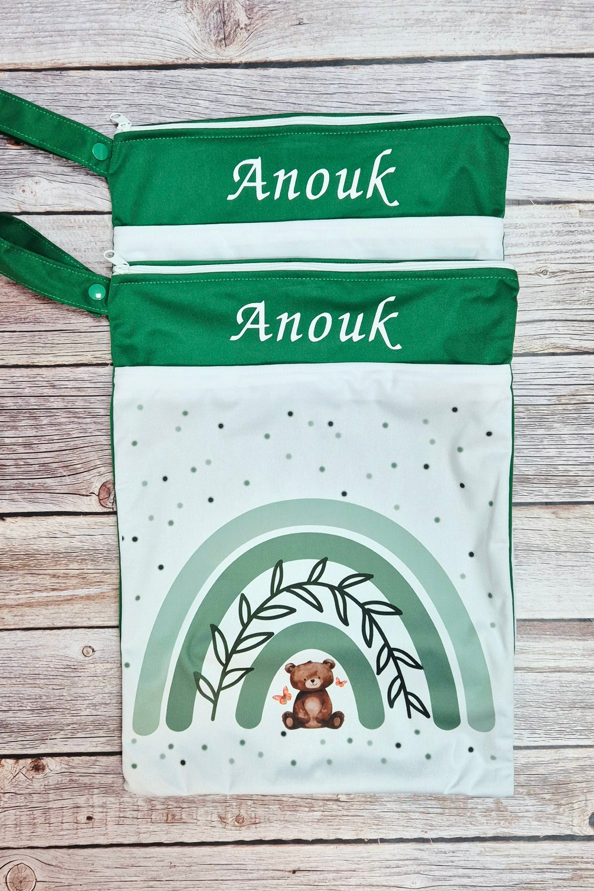 Wetbag Maxi 2er Set "Teddy Grün"-personalisierbare Nasstaschen für Kita & Kindergarten und Reisen