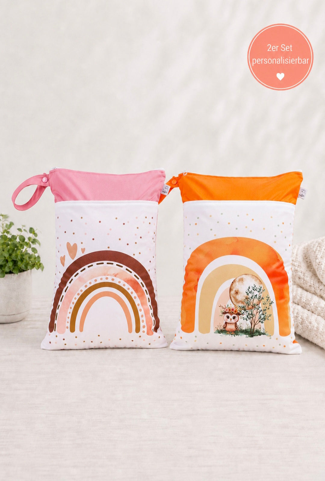 Wetbag Maxi 2er Set "Regenbogen Rosa"-personalisierbare Nasstaschen für Kita & Kindergarten und Reisen