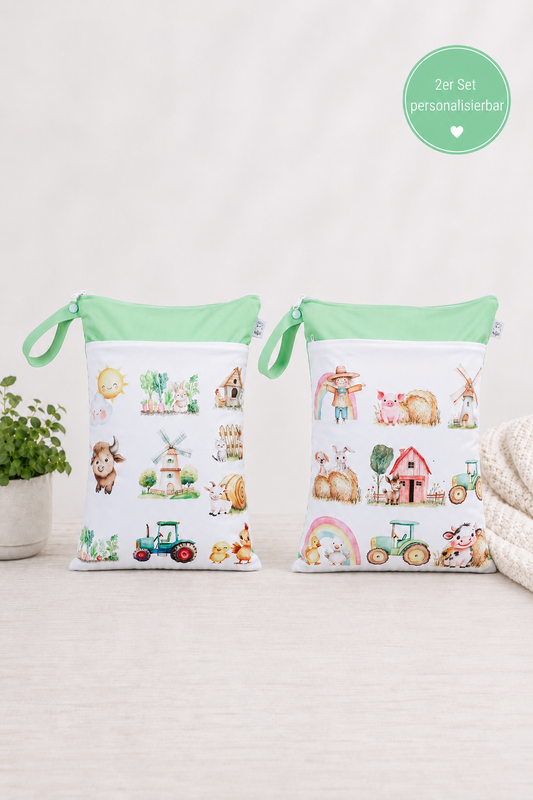 Wetbag Maxi 2er Set "Farm" Nasstasche-personalisierbare Nasstaschen für Kita & Kindergarten und Reisen