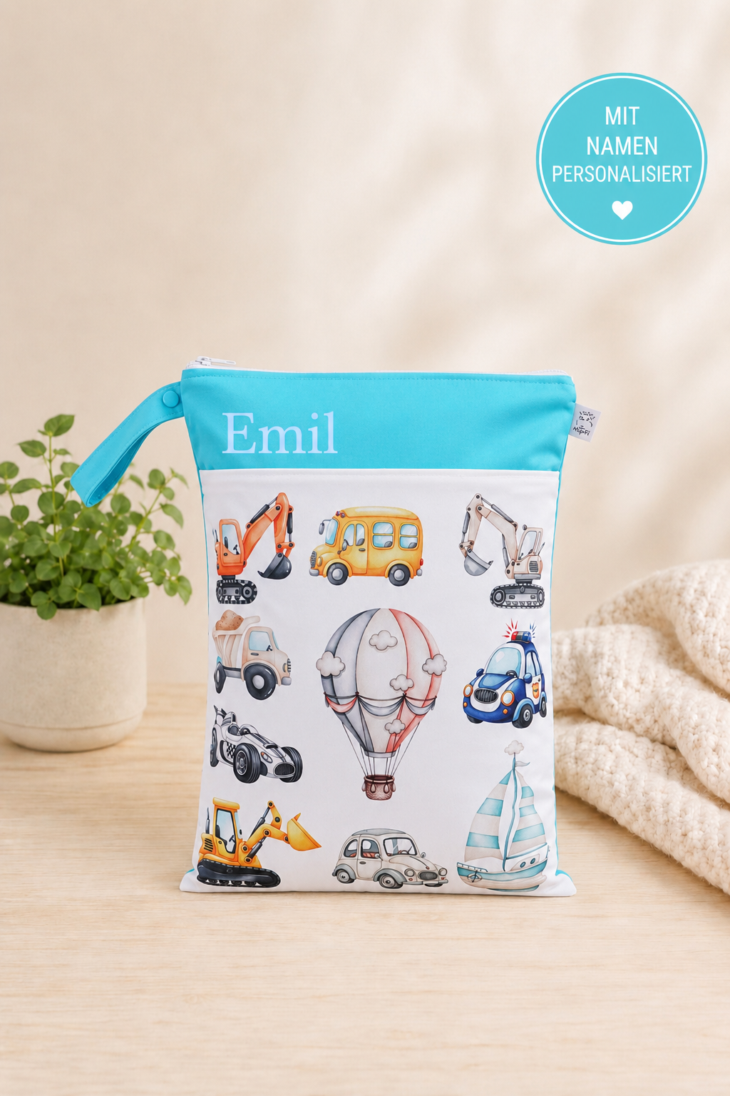Wetbag Maxi "Abenteuer auf Rädern"– personalisierbare Nasstasche für Kita & Kindergarten und Reisen