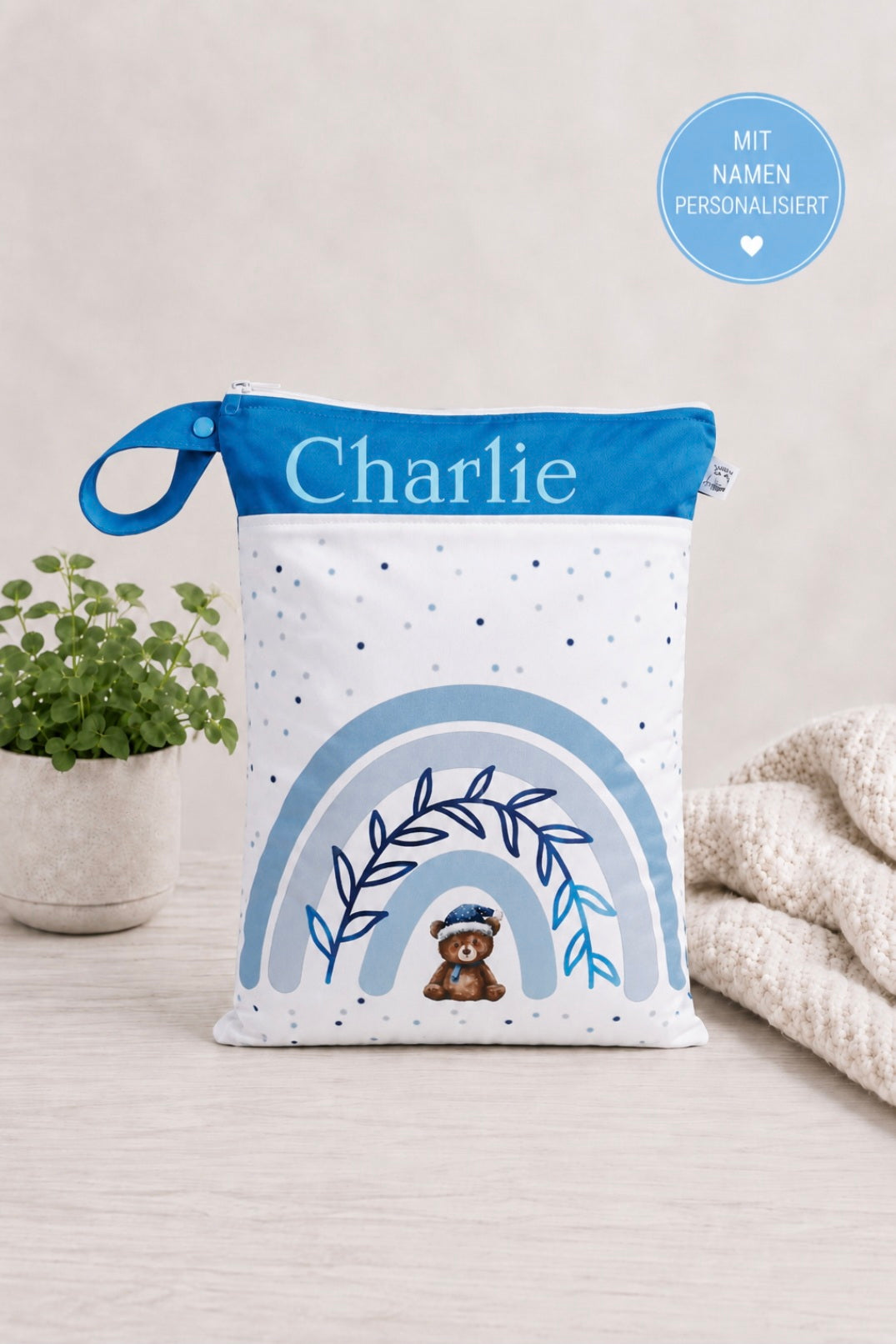 Wetbag "Teddy blau"– personalisierbare Nasstasche für Kita & Kindergarten und Reisen