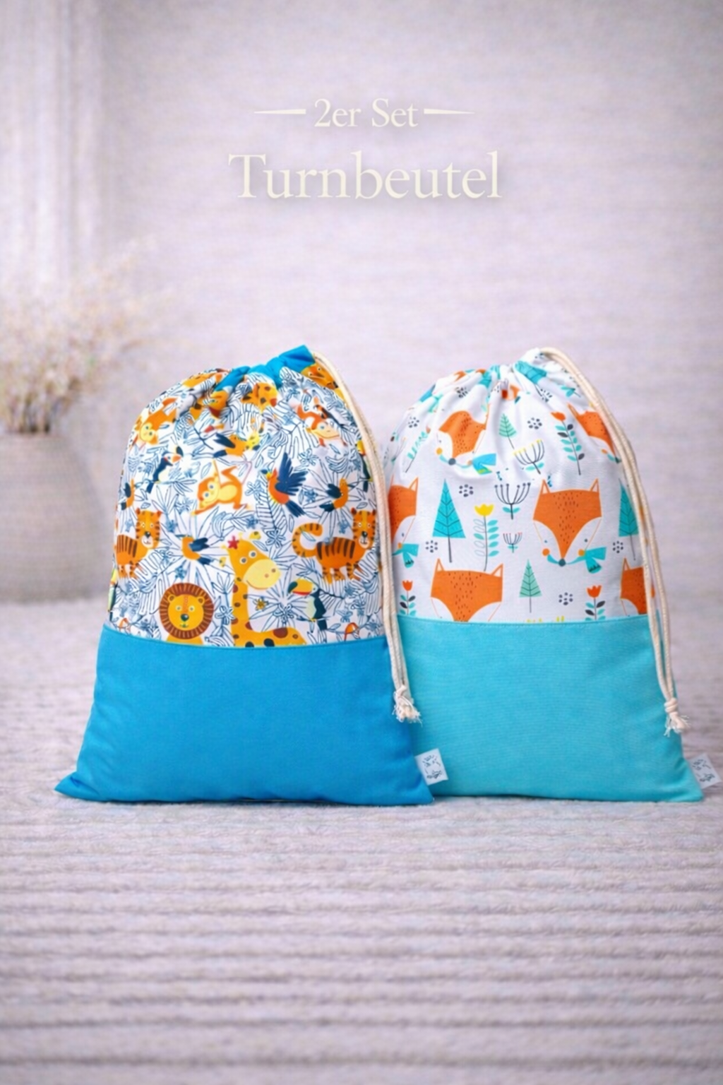 Nilpfi Turnbeutel 2er Set Jungle Tiere – personalisiert für Kita & Kindergarten