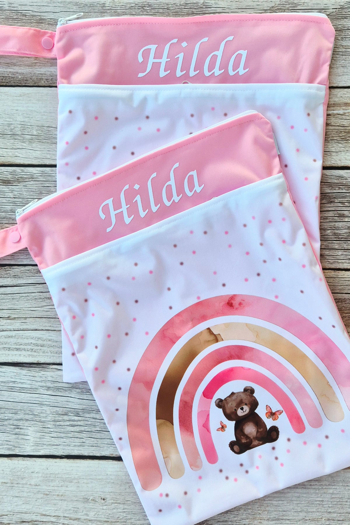 Wetbag Maxi 2er Set "Teddy Rosa"-personalisierbare Nasstaschen für Kita & Kindergarten und Reisen