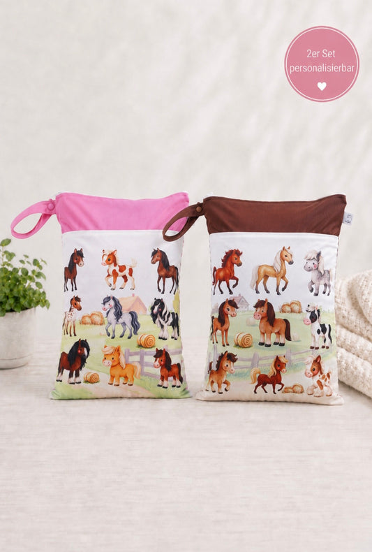 Wetbag Maxi 2er Set "Pferde Abenteuer"-personalisierbare Nasstaschen für Kita & Kindergarten und Reisen