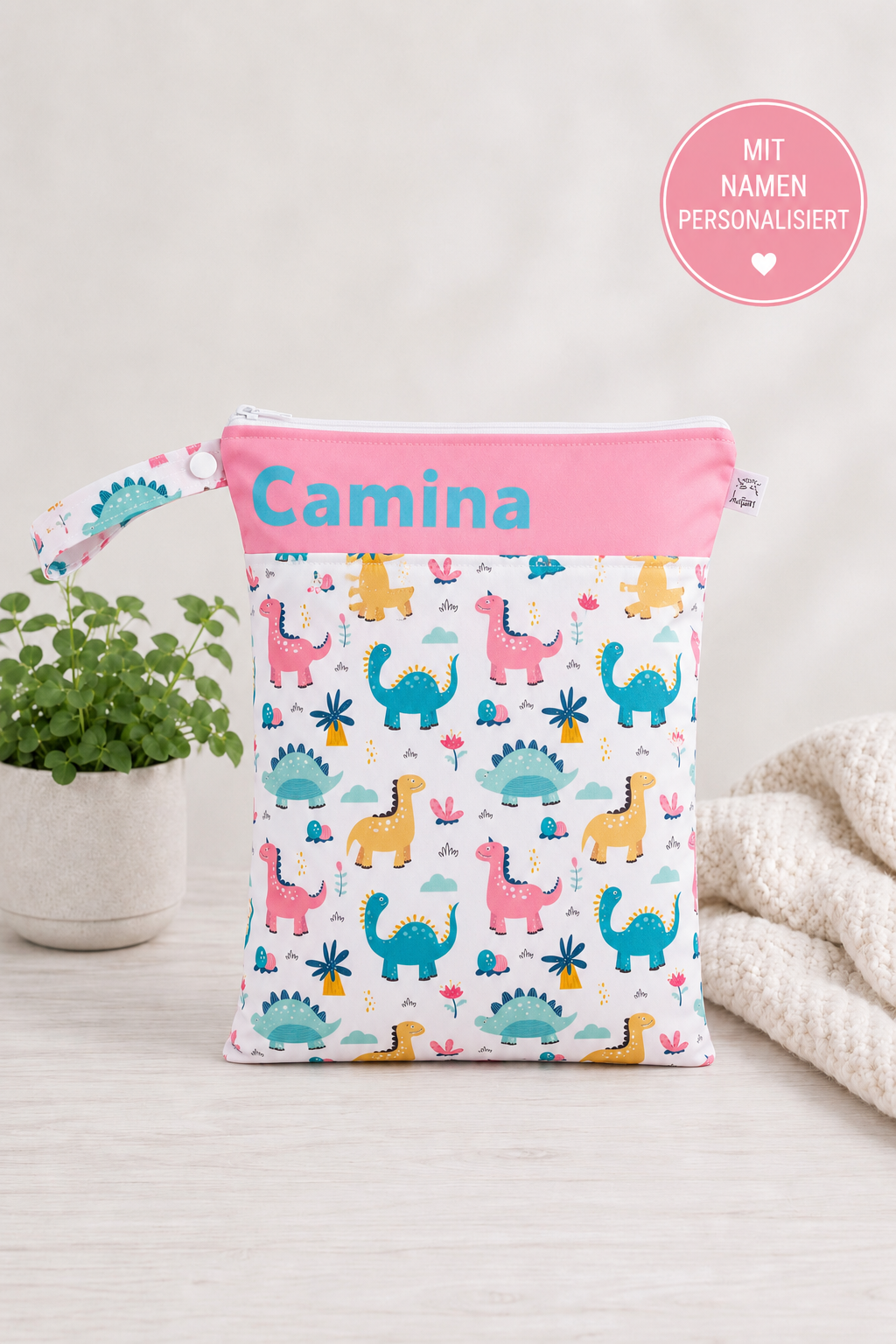 Wetbag Maxi Dinoworld-7– personalisierbare Nasstasche für Kita & Kindergarten und Reisen
