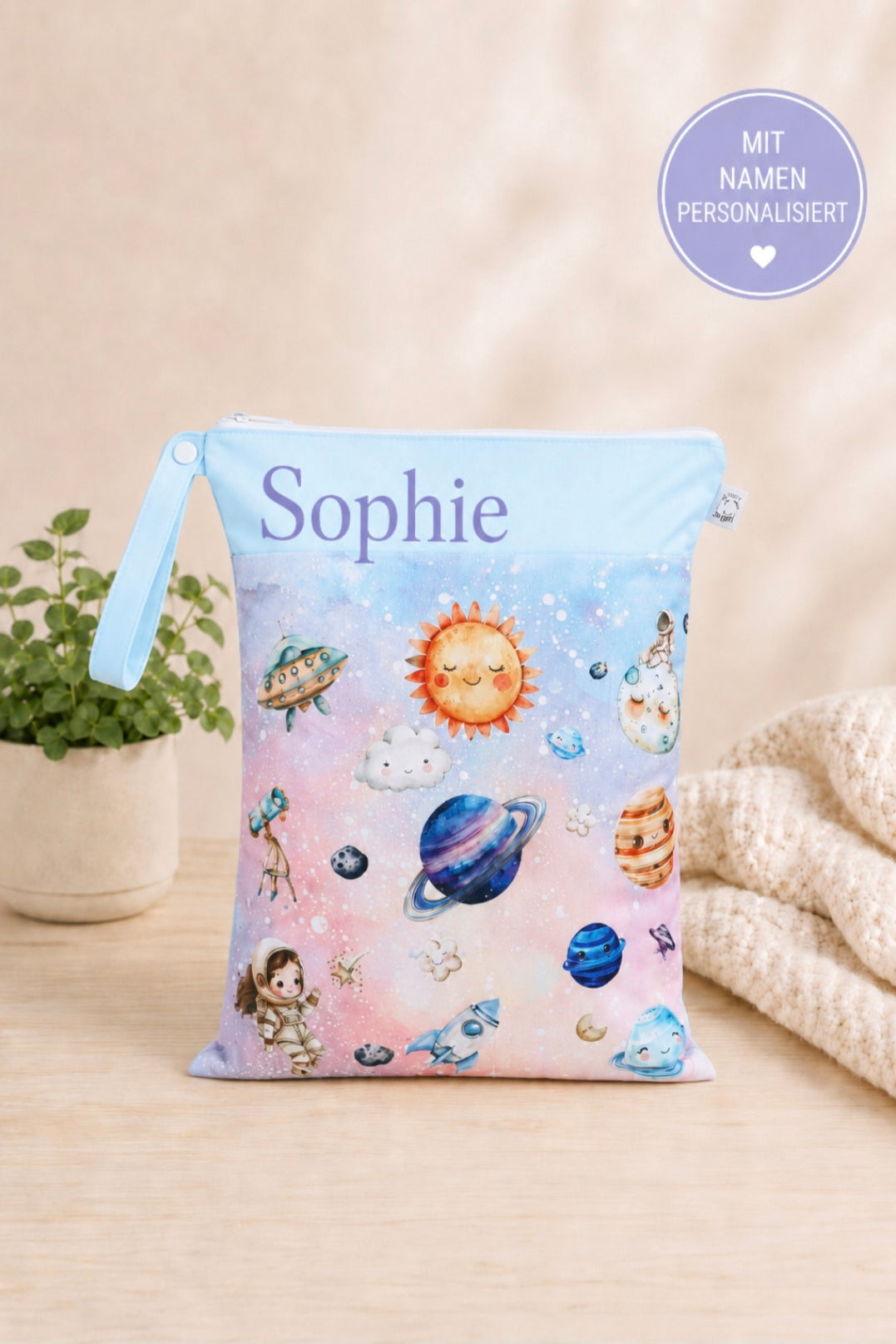 Wetbag "magische Planeten"– personalisierbare Nasstasche für Kita & Kindergarten und Reisen