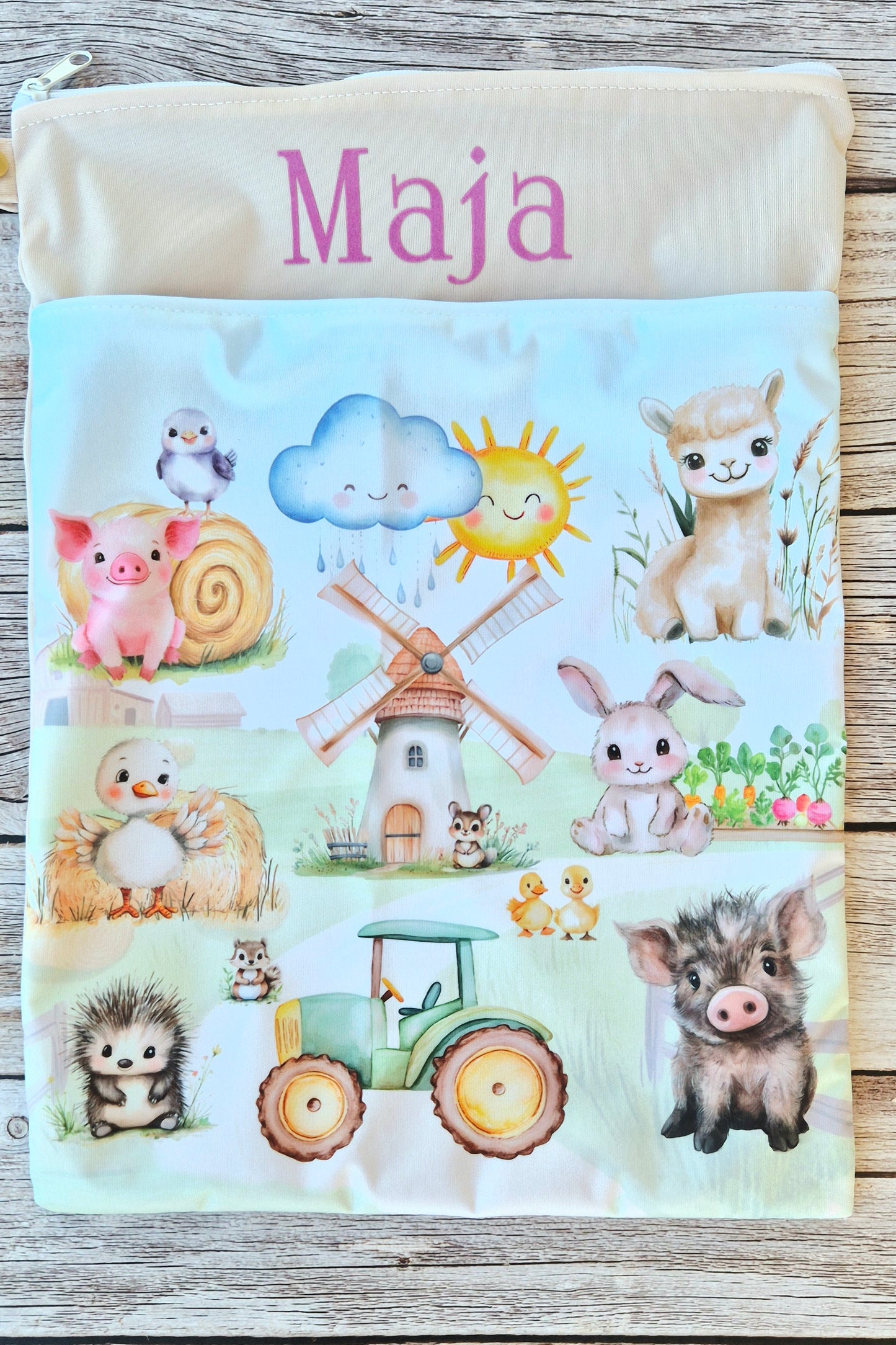 Wetbag Maxi 2er Set "Abenteuer auf dem Bauernhof"-personalisierbare Nasstaschen für Kita & Kindergarten und Reisen