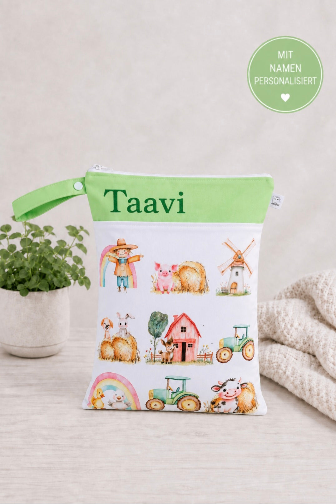 Wetbag Maxi "Farm-1"– personalisierbare Nasstasche für Kita & Kindergarten und Reisen