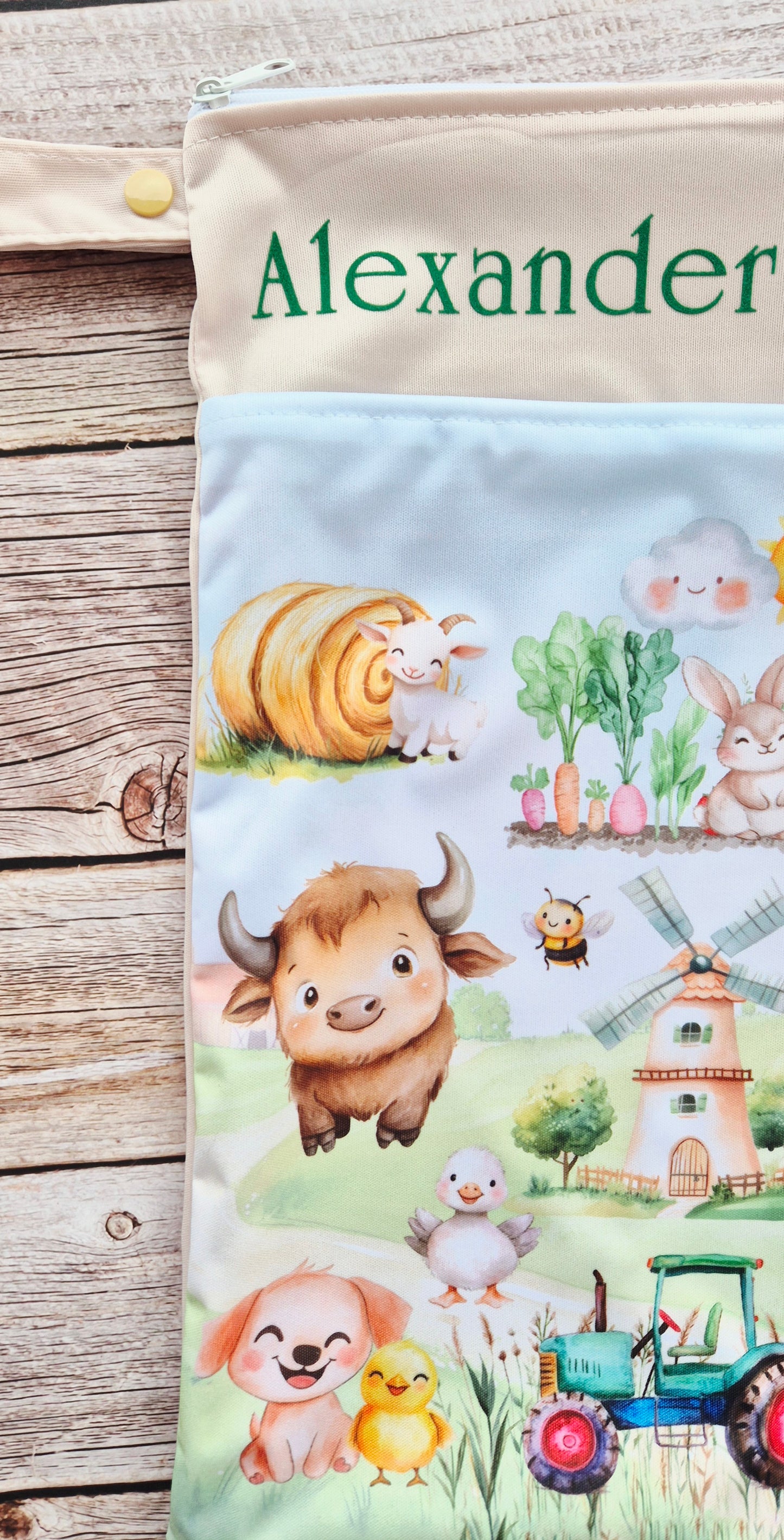 Wetbag Maxi "Abenteuer auf dem Bauernhof" – personalisierbare Nasstasche für Kita & Kindergarten Reisen