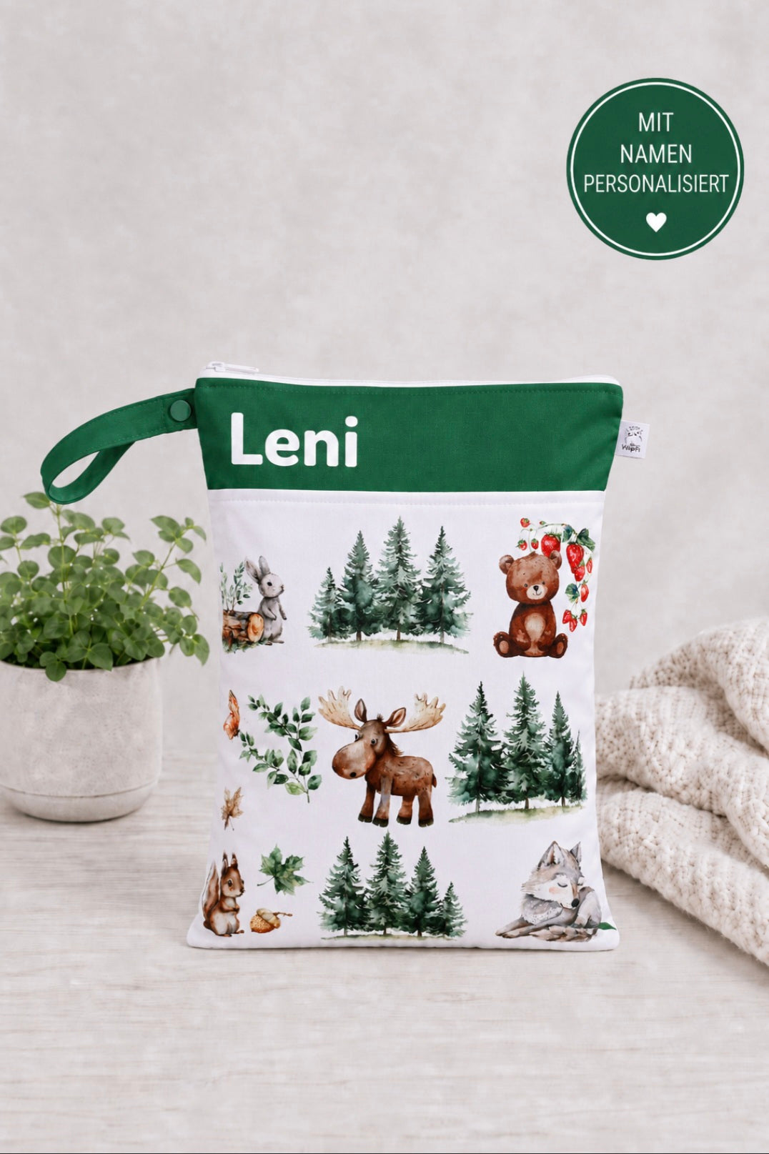 Wetbag Maxi "Teddy im Wald"– personalisierbare Nasstasche für Kita & Kindergarten und Reisen
