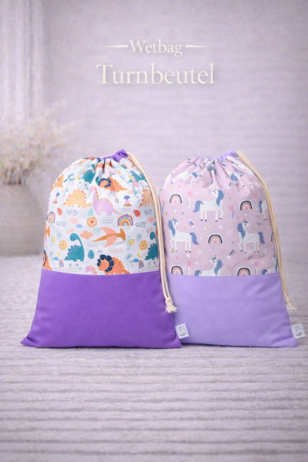 Nilpfi Turnbeutel 2er Set Unicorn Lila – personalisiert für Kindergarten & Alltag