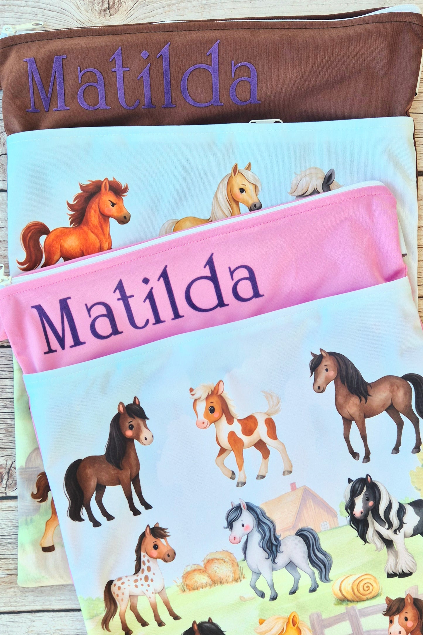 Wetbag Maxi 2er Set "Pferde Abenteuer"-personalisierbare Nasstaschen für Kita & Kindergarten und Reisen