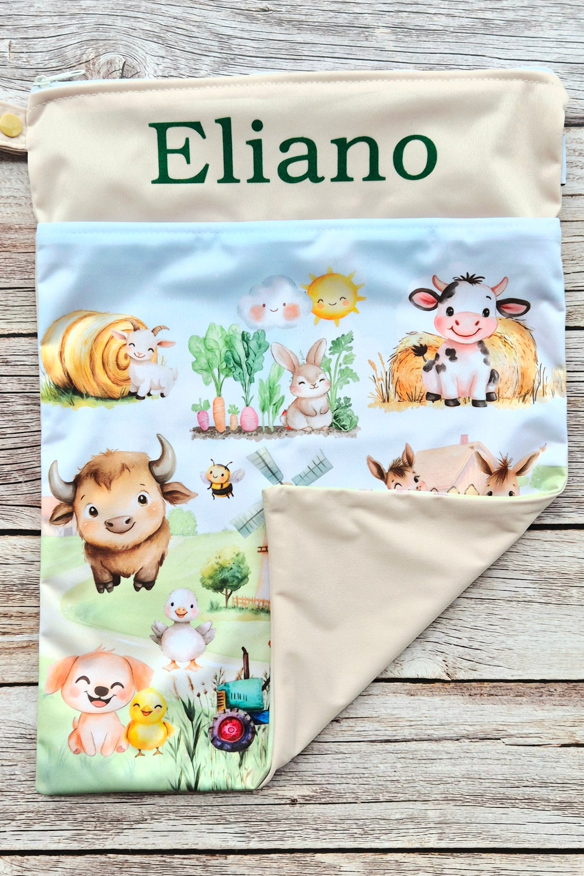 Wetbag Maxi "Abenteuer auf dem Bauernhof" – personalisierbare Nasstasche für Kita & Kindergarten Reisen