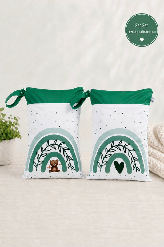 Wetbag Maxi 2er Set "Teddy Grün"-personalisierbare Nasstaschen für Kita & Kindergarten und Reisen