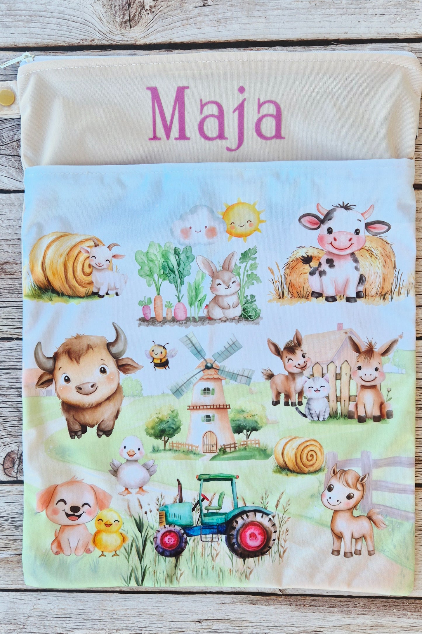Wetbag Maxi 2er Set "Abenteuer auf dem Bauernhof"-personalisierbare Nasstaschen für Kita & Kindergarten und Reisen
