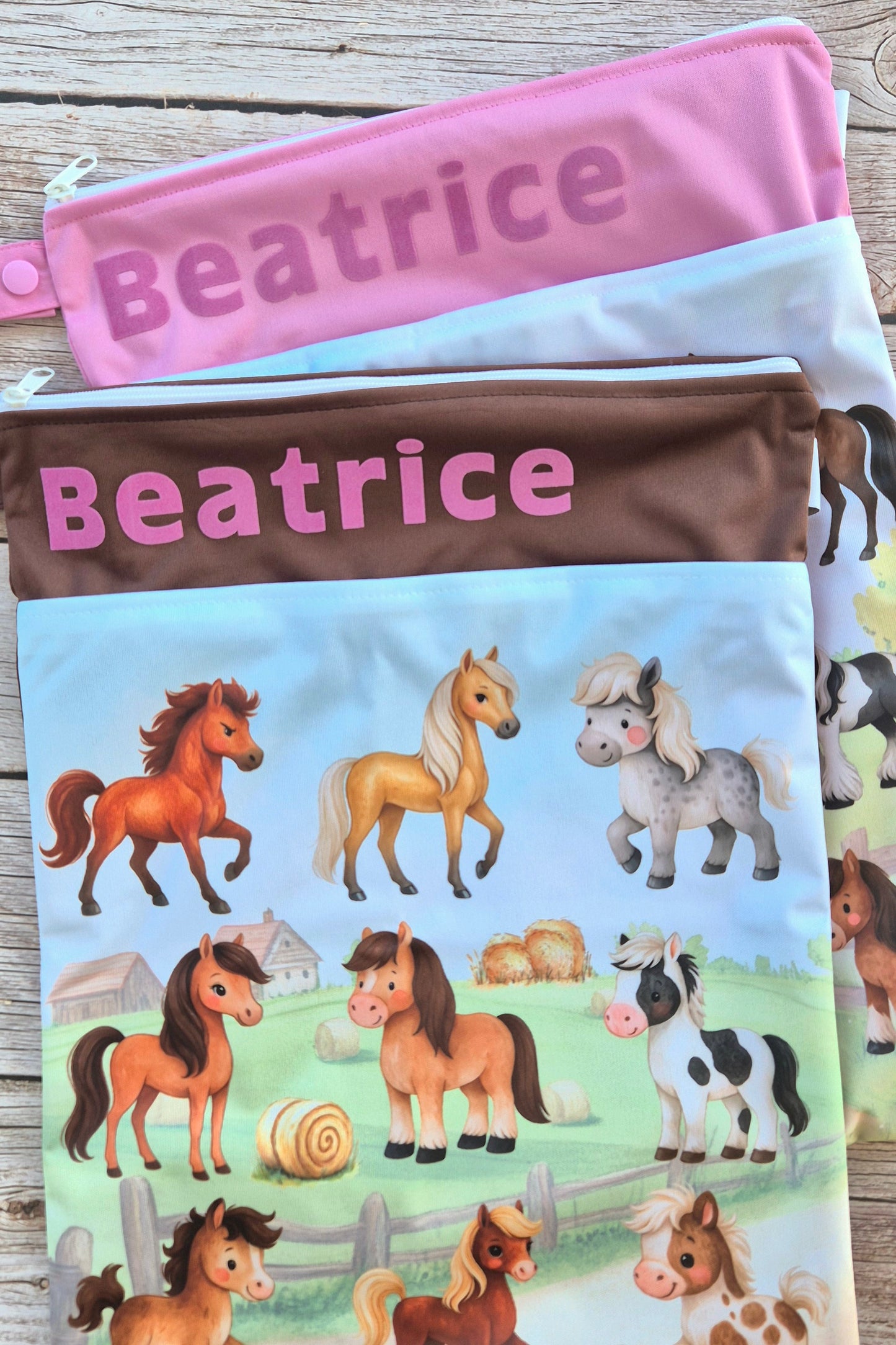 Wetbag Maxi 2er Set "Pferde Abenteuer"-personalisierbare Nasstaschen für Kita & Kindergarten und Reisen