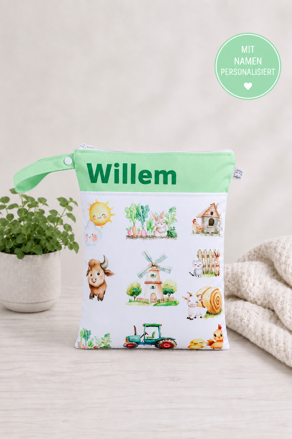 Wetbag Maxi "Bauernhof 2"– personalisierbare Nasstasche für Kita & Kindergarten und Reisen