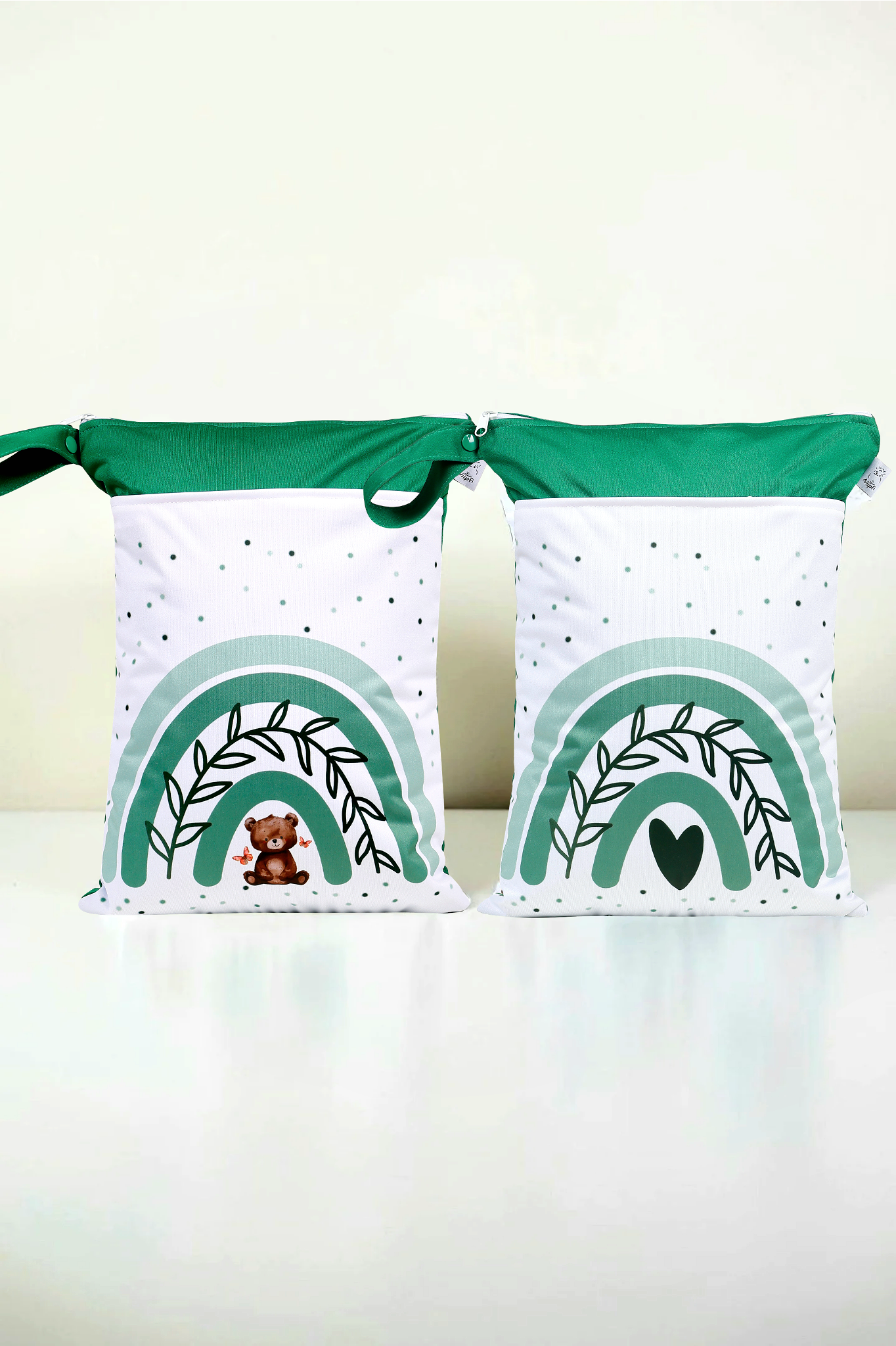 Wetbag Maxi 2er Set "Teddy Grün"-personalisierbare Nasstaschen für Kita & Kindergarten und Reisen