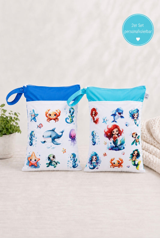 Wetbag Maxi 2er Set "Ozean"-personalisierbare Nasstaschen für Kita & Kindergarten und Reisen