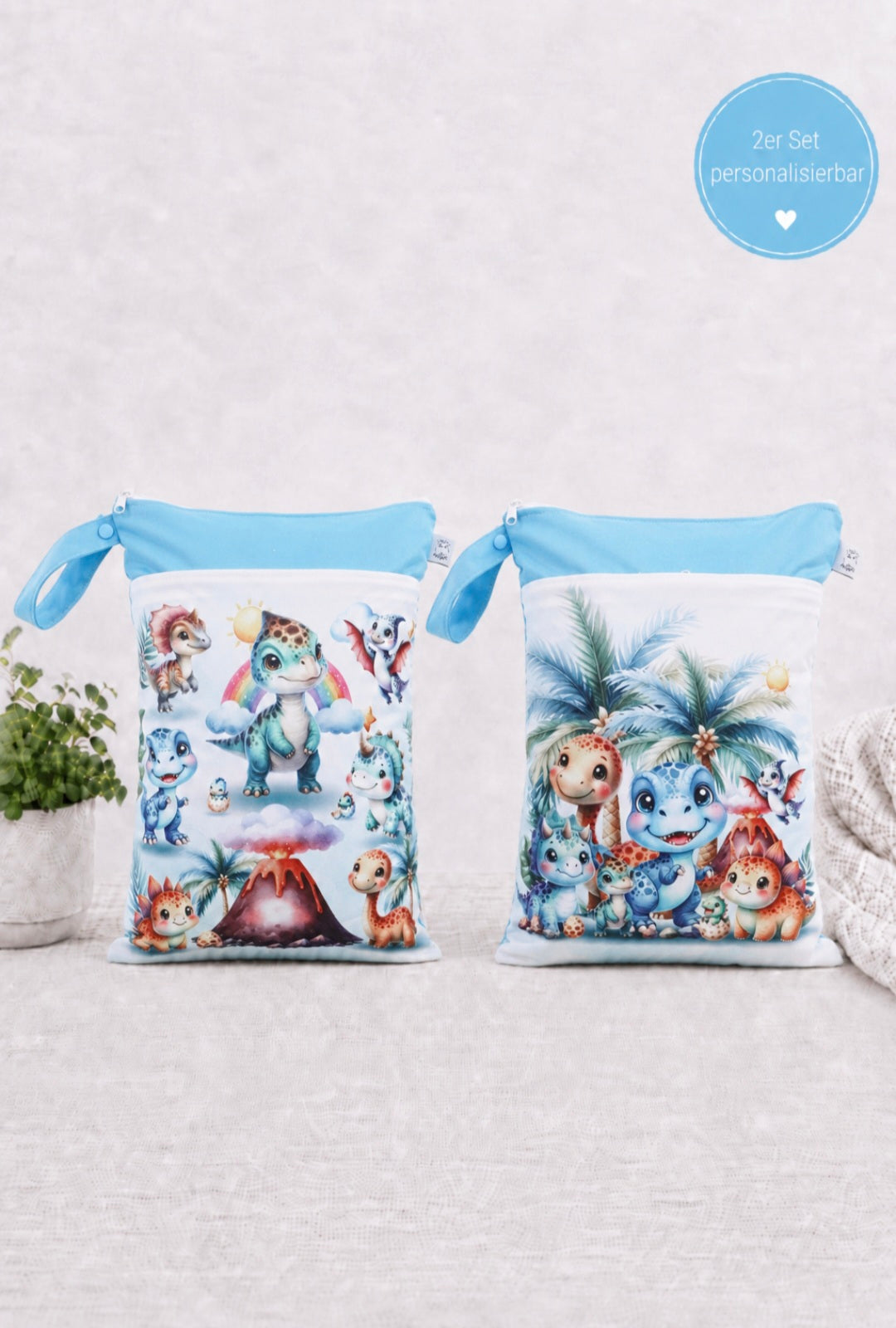 Wetbag Maxi 2er Set "Dino Abenteuer"-personalisierbare Nasstaschen für Kita & Kindergarten und Reisen