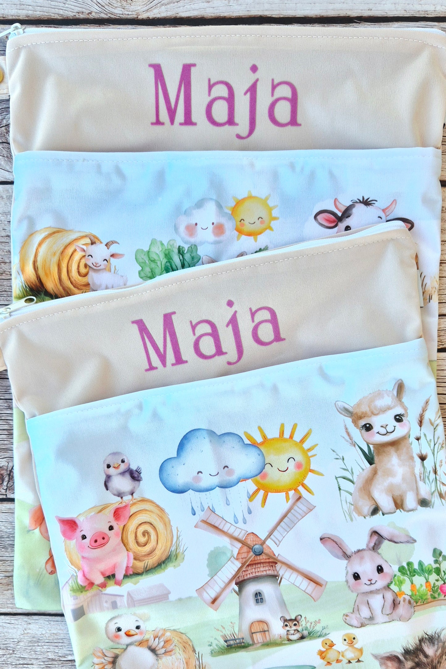 Wetbag Maxi 2er Set "Abenteuer auf dem Bauernhof"-personalisierbare Nasstaschen für Kita & Kindergarten und Reisen