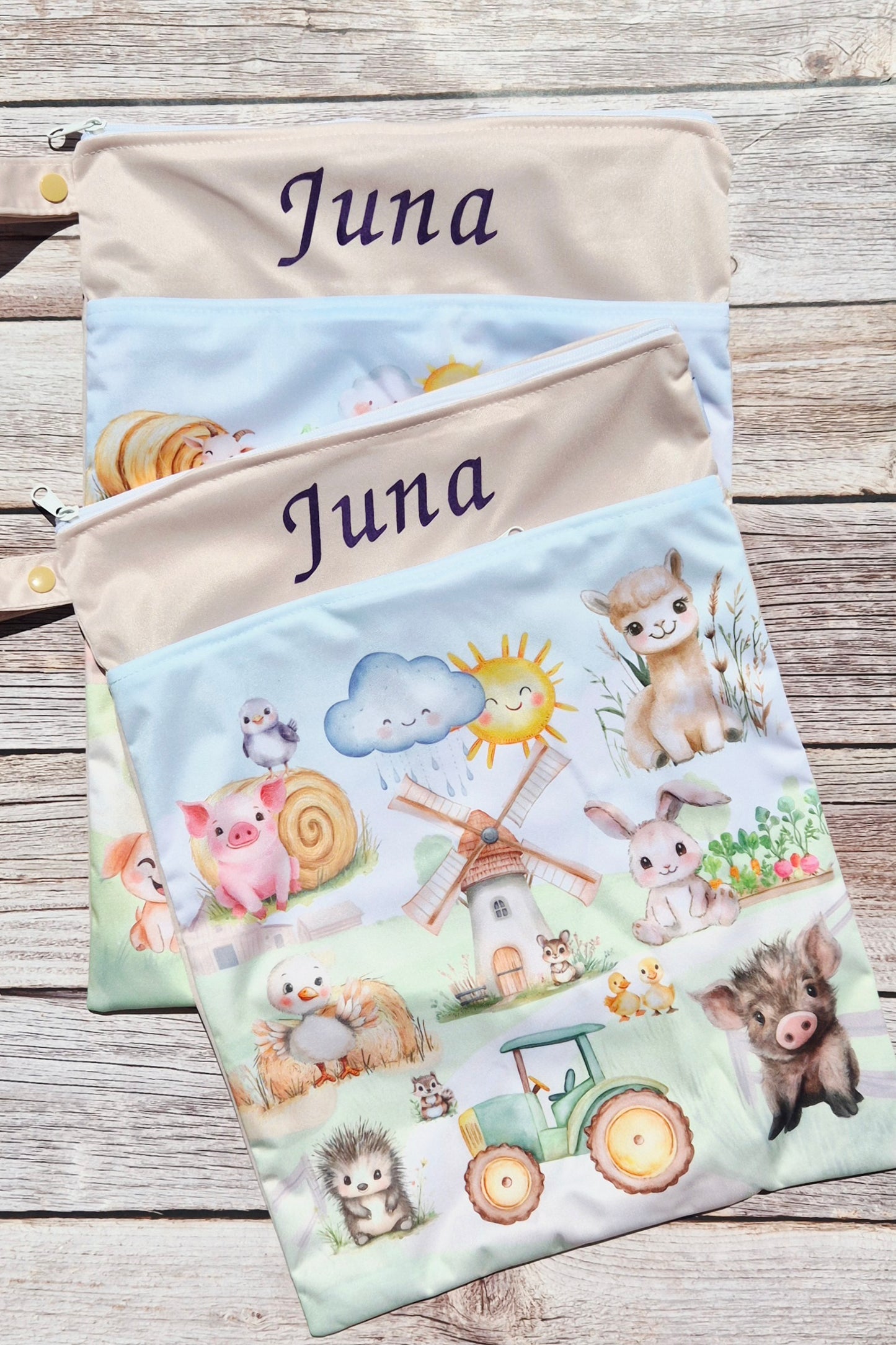 Wetbag Maxi 2er Set "Abenteuer auf dem Bauernhof"-personalisierbare Nasstaschen für Kita & Kindergarten und Reisen