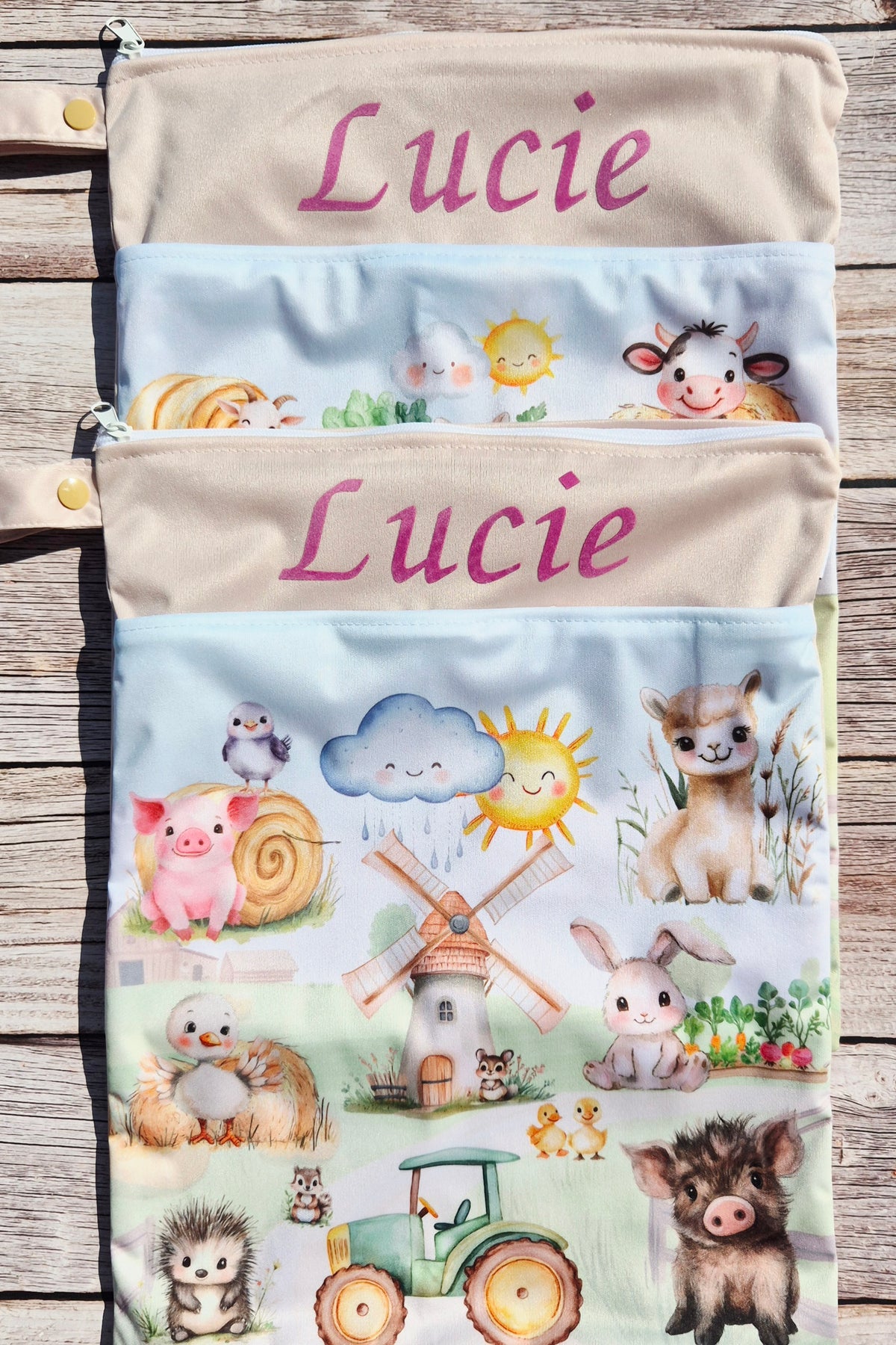 Wetbag Maxi 2er Set "Abenteuer auf dem Bauernhof"-personalisierbare Nasstaschen für Kita & Kindergarten und Reisen