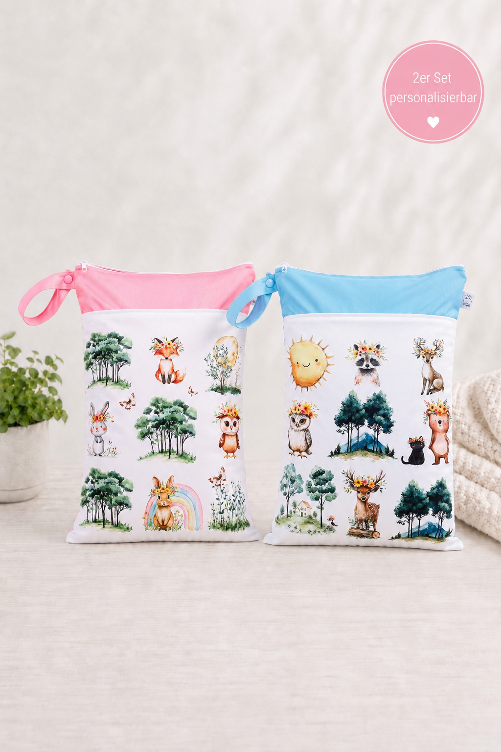 Wetbag Maxi 2er Set "Sonnenschein"-personalisierbare Nasstaschen für Kita & Kindergarten und Reisen