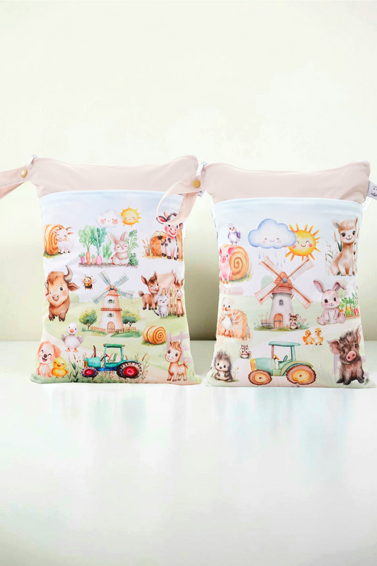Wetbag Maxi 2er Set "Abenteuer auf dem Bauernhof"-personalisierbare Nasstaschen für Kita & Kindergarten und Reisen