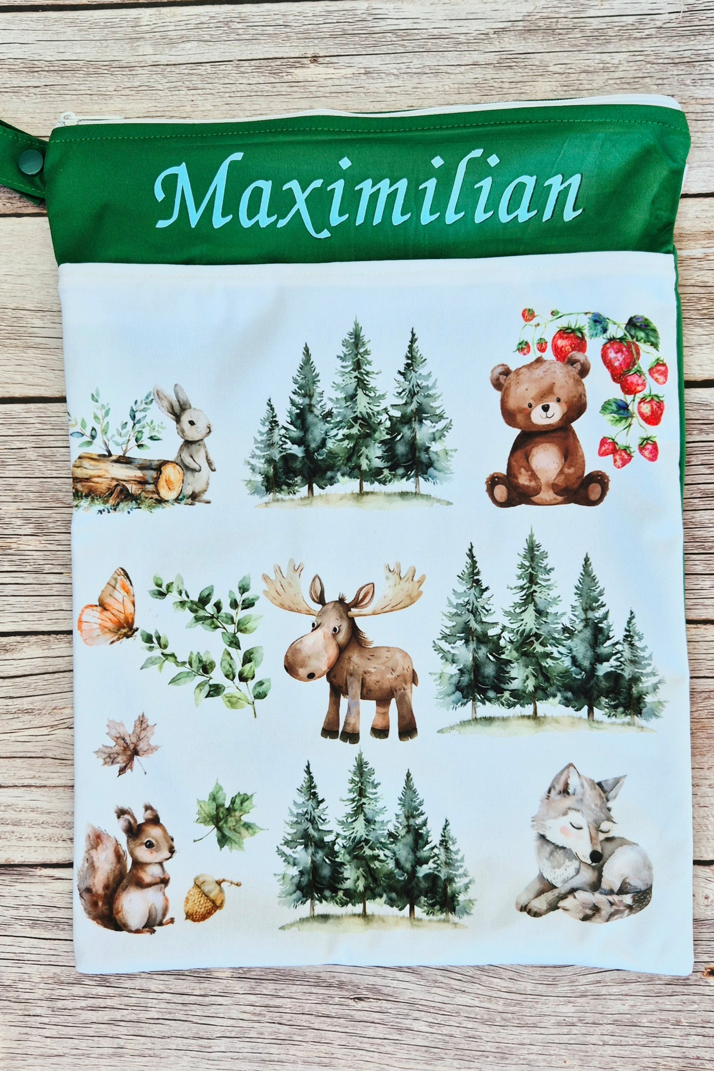 Wetbag Maxi "Teddy im Wald"– personalisierbare Nasstasche für Kita & Kindergarten und Reisen