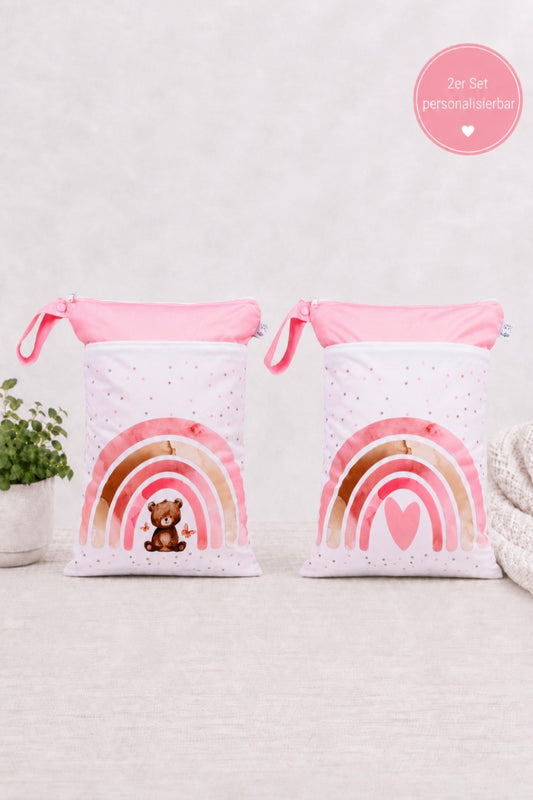 Wetbag Maxi 2er Set "Teddy Rosa"-personalisierbare Nasstaschen für Kita & Kindergarten und Reisen