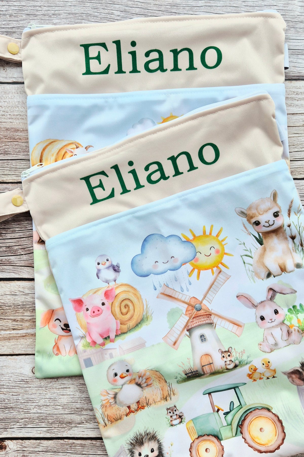 Wetbag Maxi 2er Set "Abenteuer auf dem Bauernhof"-personalisierbare Nasstaschen für Kita & Kindergarten und Reisen