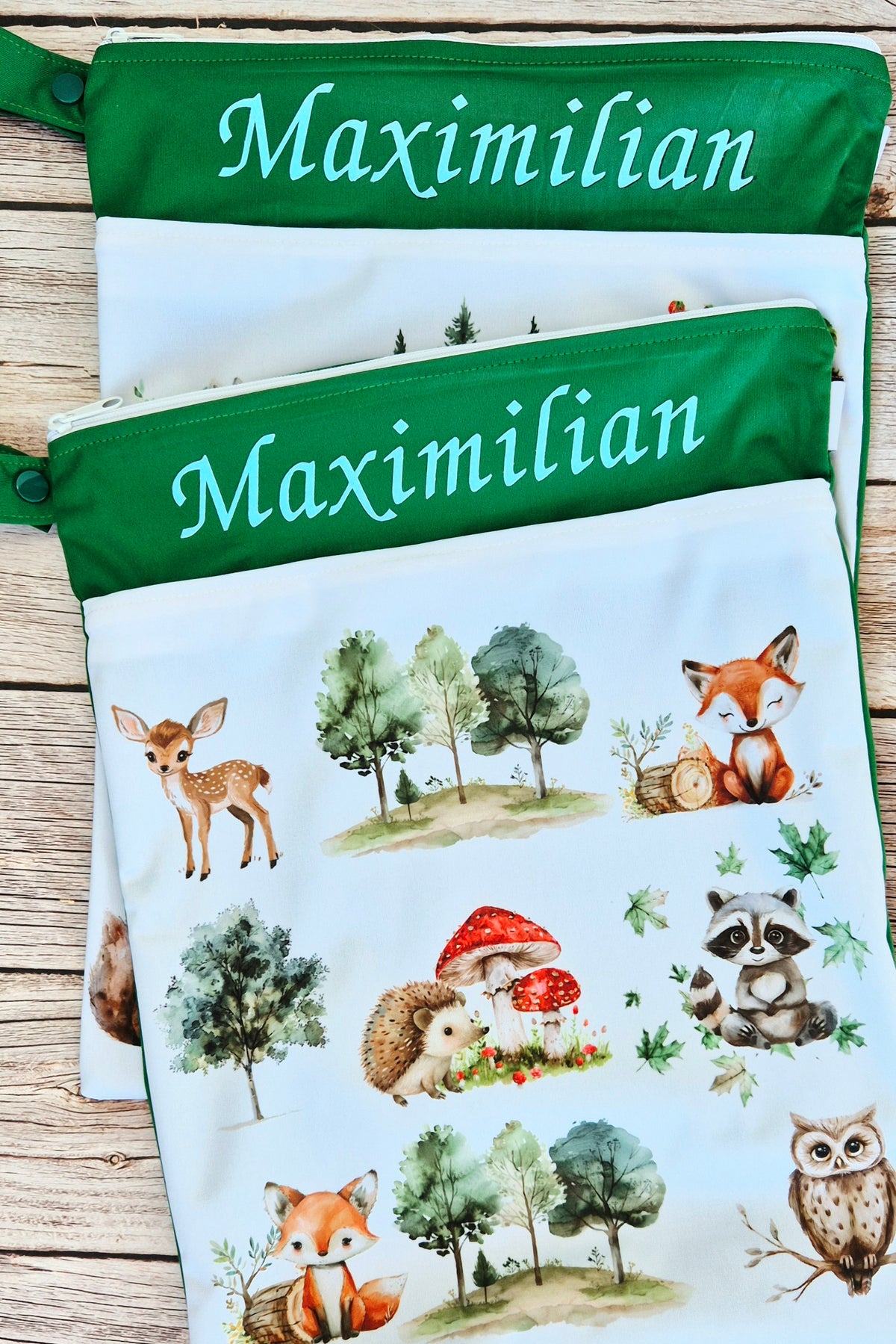 Wetbag Maxi 2er Set "Teddy im Wald"-personalisierbare Nasstaschen für Kita & Kindergarten und Reisen