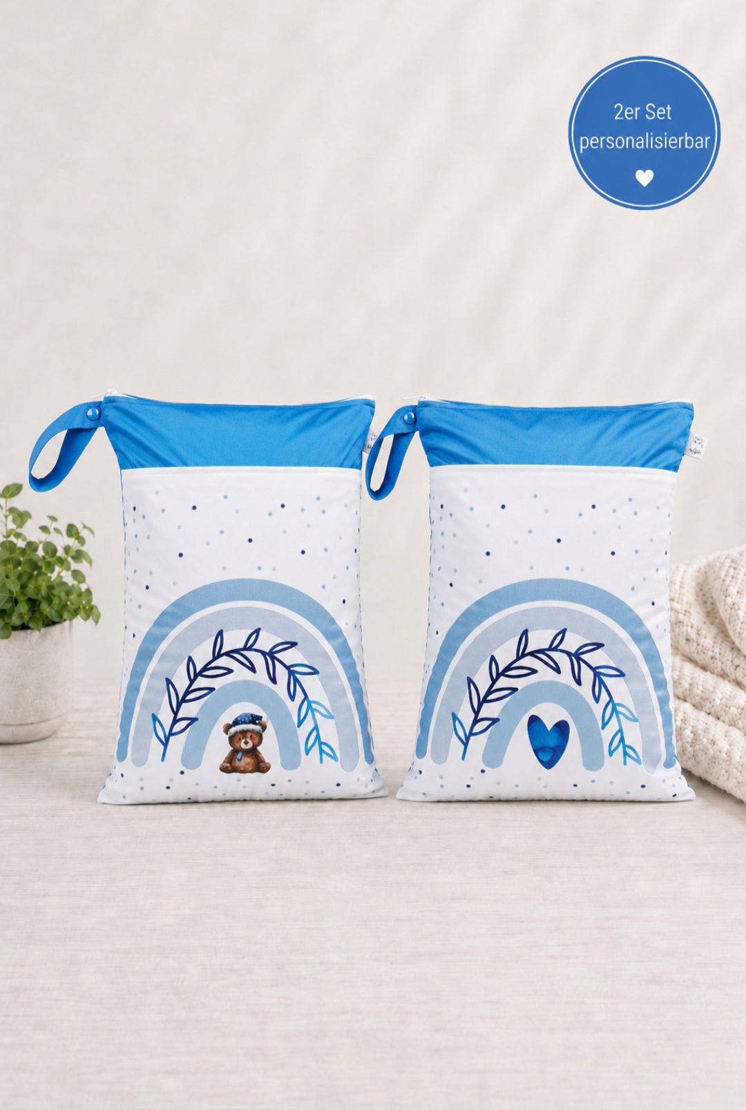 Wetbag Maxi 2er Set "Teddy Blau"-personalisierbare Nasstaschen für Kita & Kindergarten und Reisen
