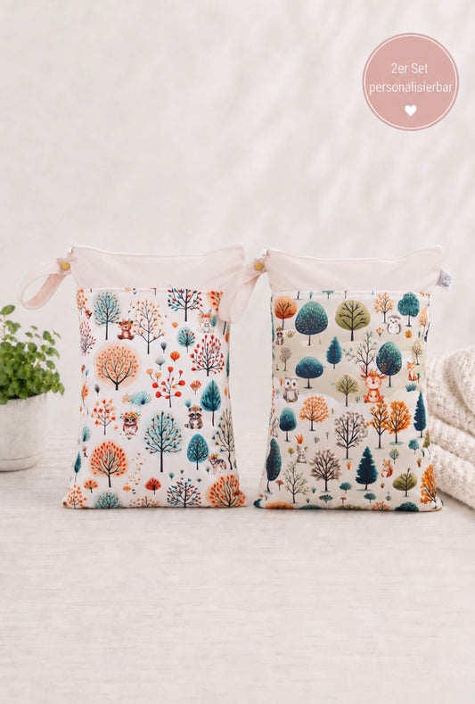 Wetbag Maxi 2er Set "Wald Abenteuer"-personalisierbare Nasstaschen für Kita & Kindergarten und Reisen