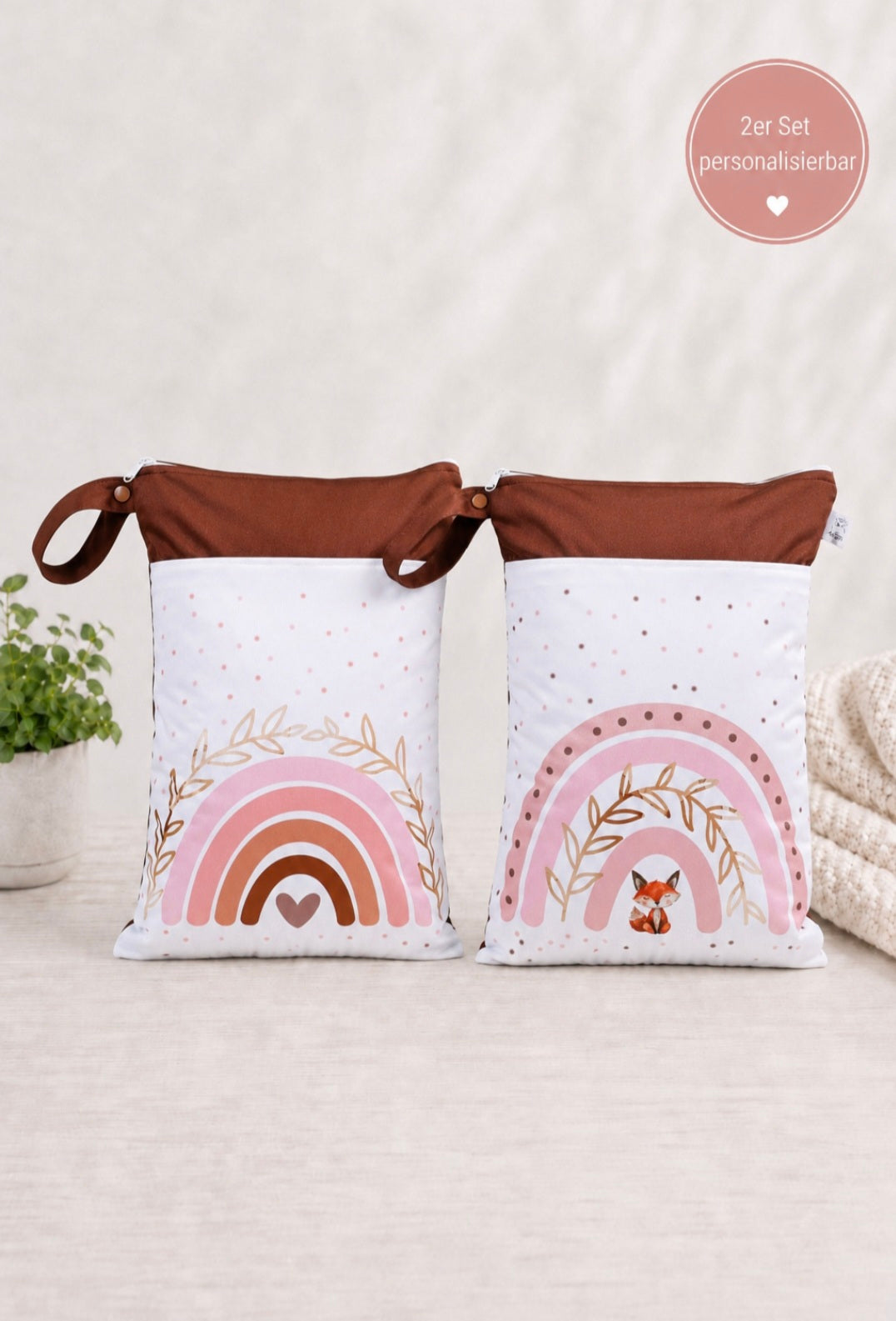 Wetbag Maxi 2er Set "Fuchs Love"-personalisierbare Nasstaschen für Kita & Kindergarten und Reisen