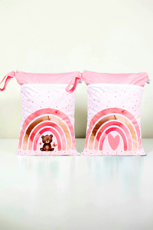 Wetbag Maxi 2er Set "Teddy Rosa"-personalisierbare Nasstaschen für Kita & Kindergarten und Reisen