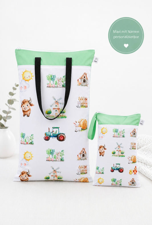 Nilpfi Wetbag Set Maxi & XXL "Bauernhof Tiere" – Nasstaschen für Kita & Wechselwäsche