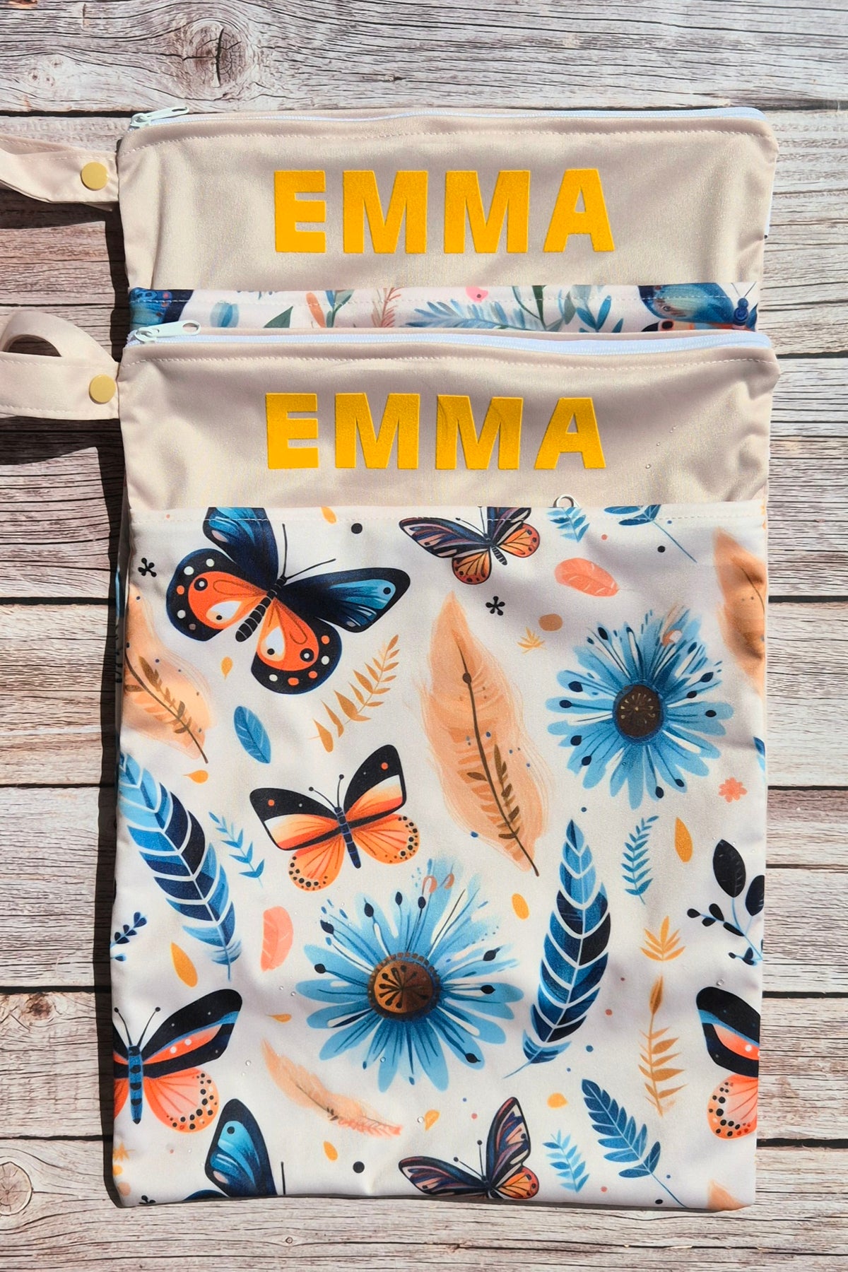 Wetbag Maxi 2er Set "Schmetterling "-personalisierbare Nasstaschen für Kita & Kindergarten und Reisen